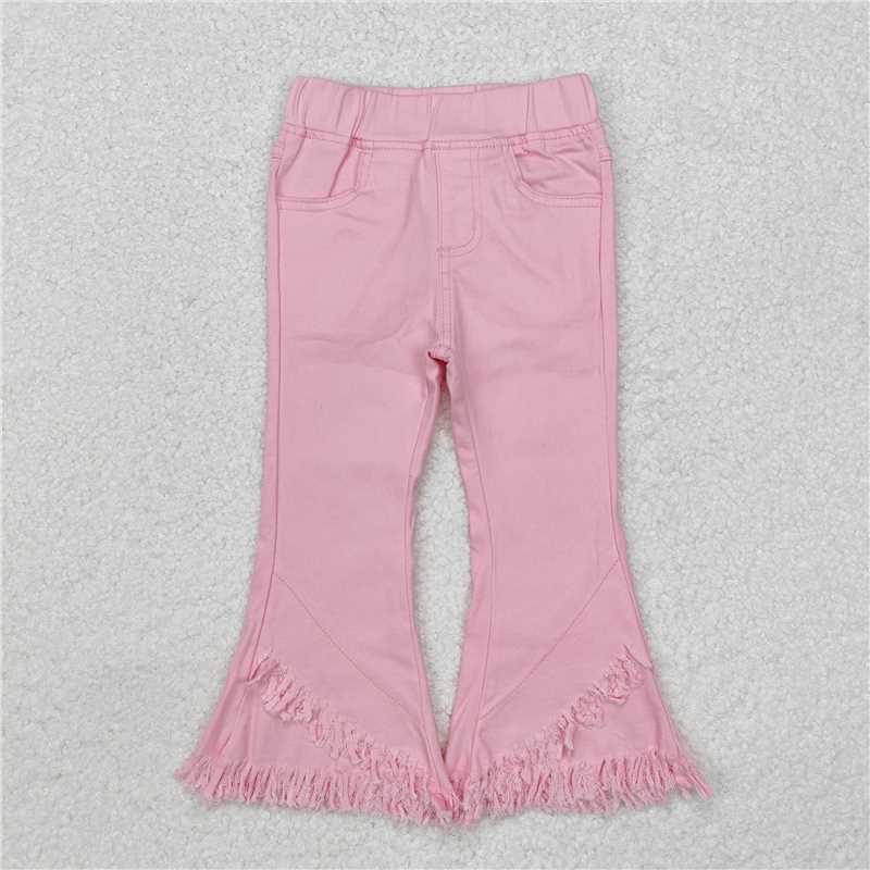 RTS NO MOQ Baby girls pants P0463 Elastic Pink Fringe Ruffle Denim Jeans