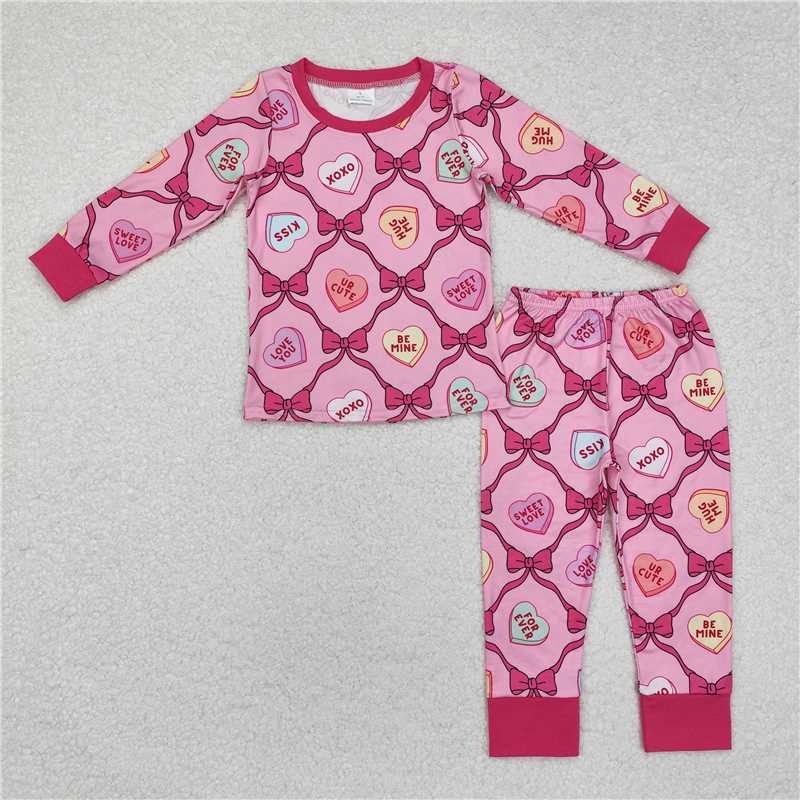 RTS NO MOQ Baby Girls Long Sleeve Outfits GLP2252 Valentines Hearts Bows Top Pants Pajamas Clothes Sets