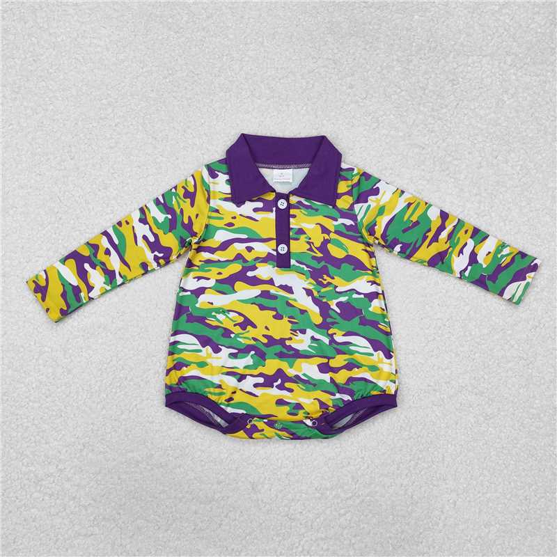 RTS NO MOQ Baby Boys Bodysuit LR2068 Mardi Gras Camo Buttons Polo Rompers