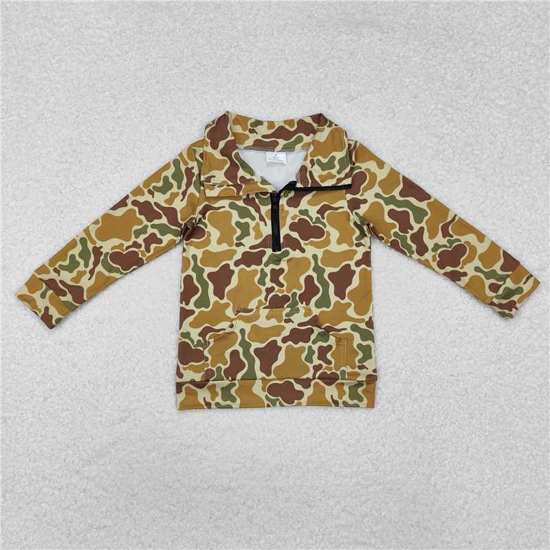 RTS NO MOQ Baby Boys Long Sleeve BT1039 Dark Khaki Camo Zip Pocket Pullovers Tops