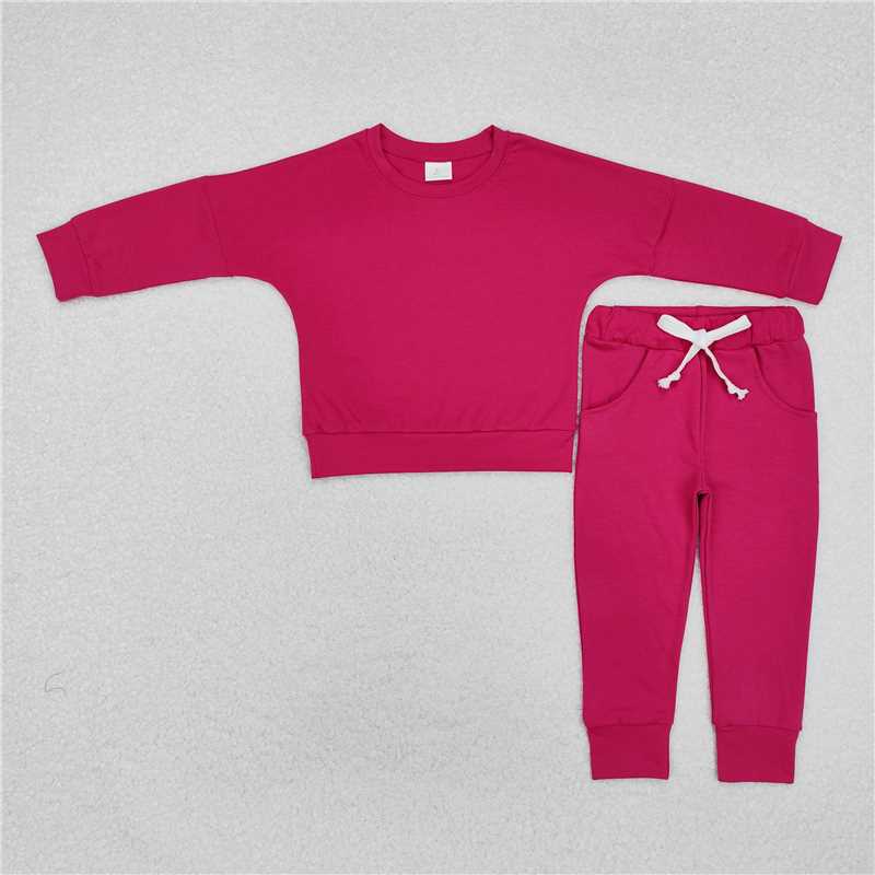 RTS NO MOQ Baby Girls Long Sleeve Outfits GLP2248 Long Sleeve Dark Pink Shirt Pants Sports Clothes Sets