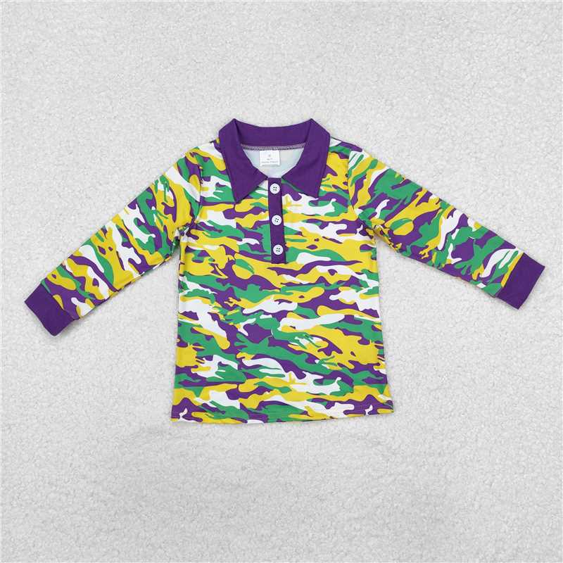 RTS NO MOQ Baby Boys Long Sleeve BT1029 Mardi Gras Purple Camo Tee Shirts Tops
