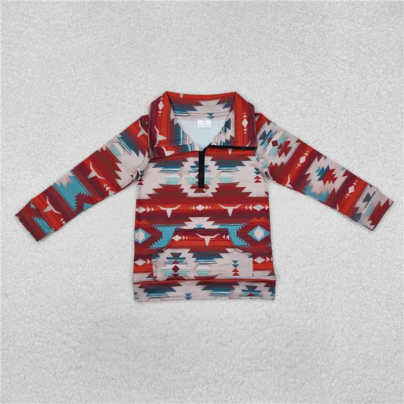 RTS NO MOQ Baby Boys Long Sleeve BT1065 Western Wine Cow Skull Aztec Zip Pullovers Tee Shirts Tops