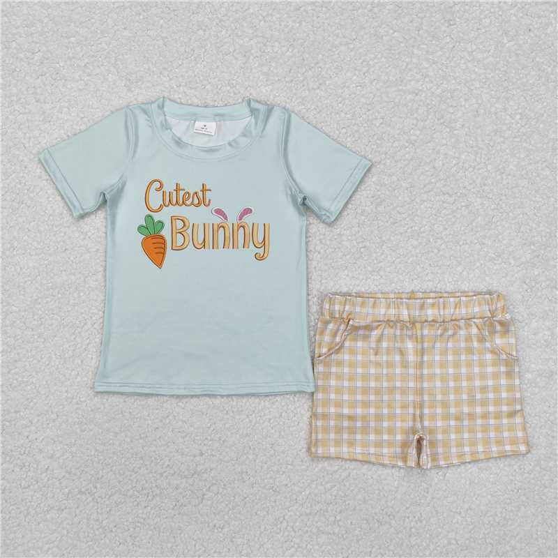 RTS NO MOQ Baby Boys kids Summer sets BSSO1073 Carrot Green Short Sleeve Orange Plaid Shorts Set