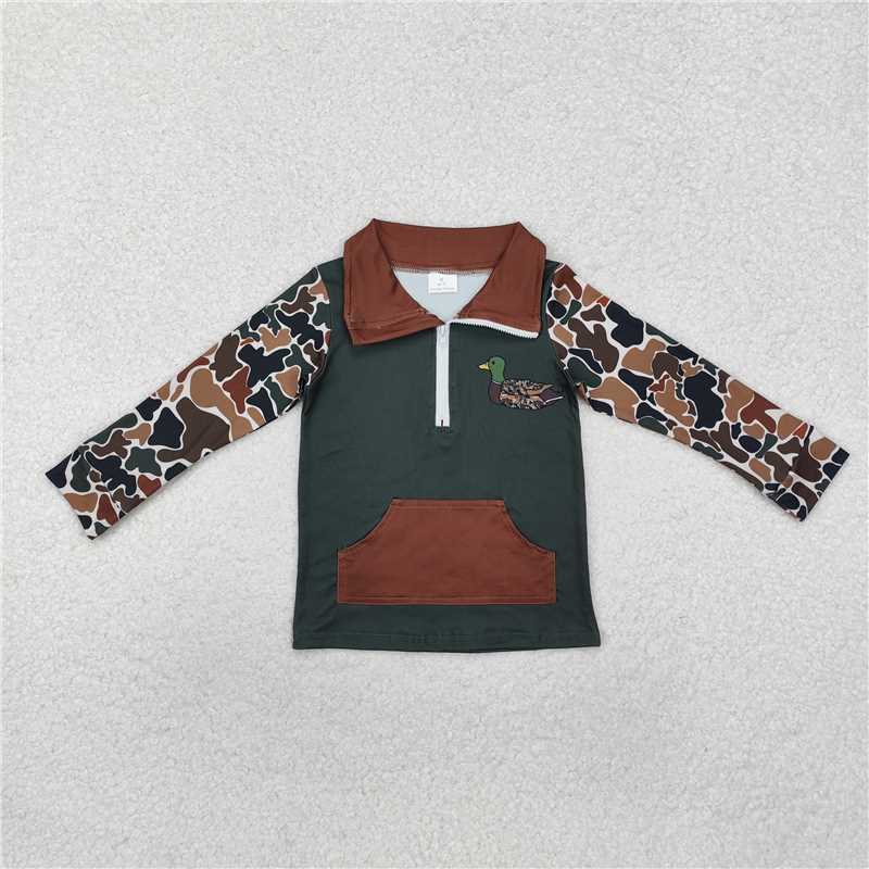 RTS NO MOQ Baby Boys Long Sleeve BT0927 Dark Green Camo Zip Duck Hunting Pullovers Tops