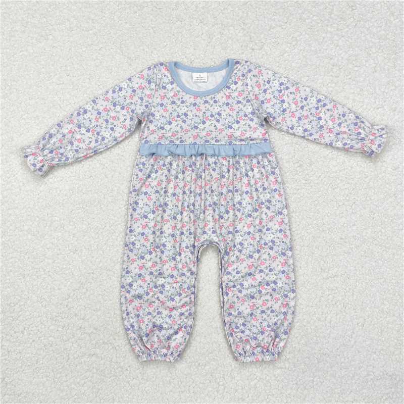 RTS NO MOQ Baby Girls Bodysuit LR2072 Blue Small Flowers Long Sleeve Rompers