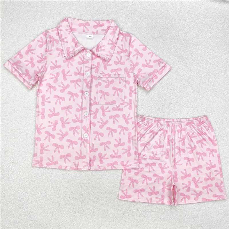 RTS NO MOQ Adult Women Summer Sets GSSO1535 Pink Bows Buttons Tops Shorts Pajamas