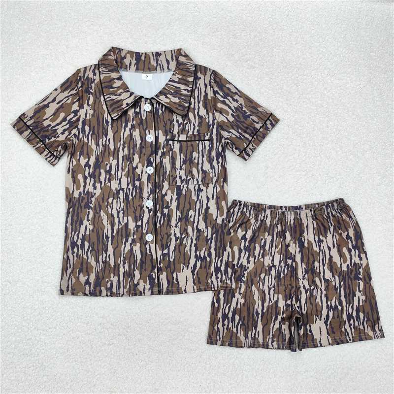 RTS NO MOQ Adult Women Summer Sets GSSO1537 Bottomland Camouflage Buttons Tops Shorts Pajamas