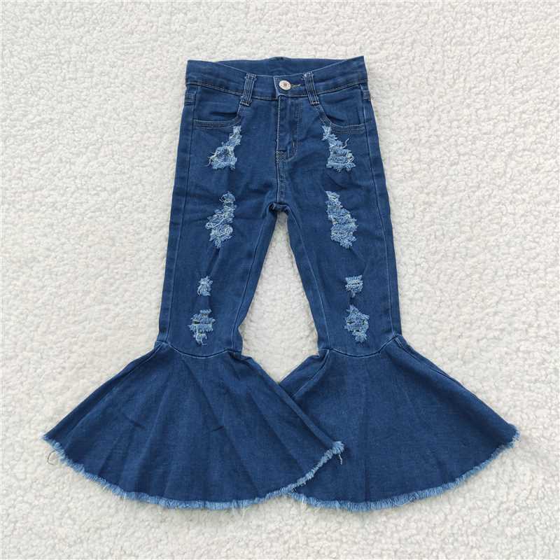 RTS NO MOQ Baby Girls Pants P0133 Navy Distressed Denim Bell Bottom Pants