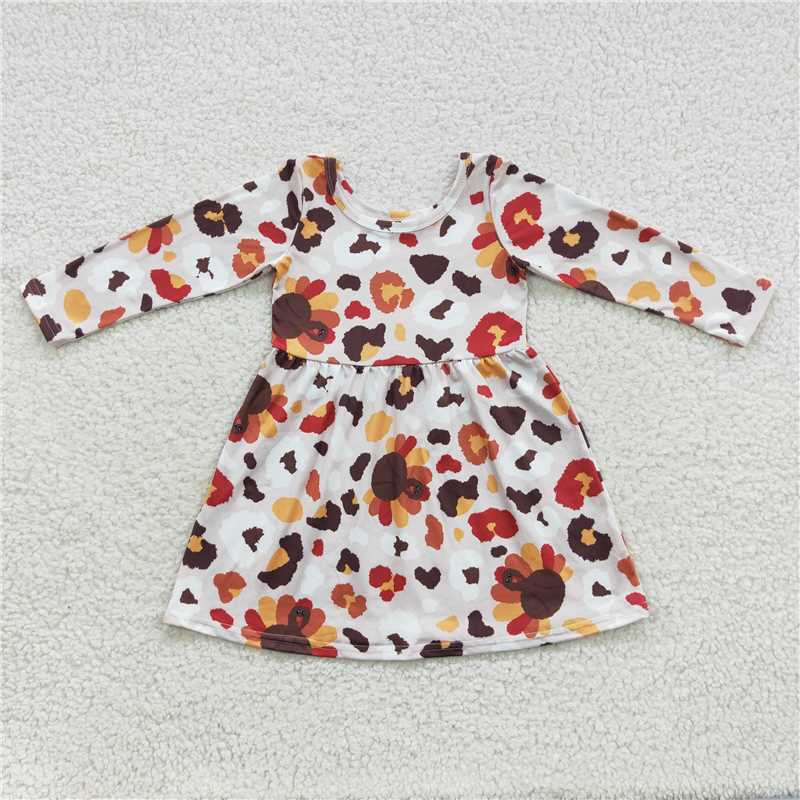 7.5 RTS NO MOQ Baby Girls Long Sleeve GLD0320 Thanksgiving Leopard Turkey A-Line Knee Length Dresses