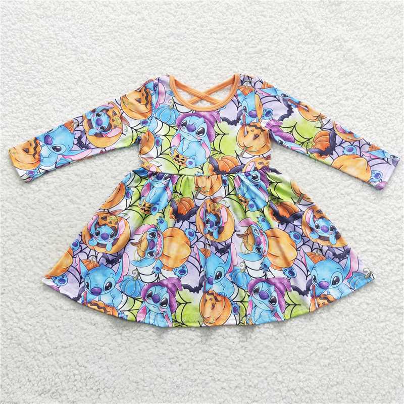 7.5 RTS NO MOQ Baby Girls Long Sleeve GLD0330 Halloween Orange Pumpkin Twirl Dresses