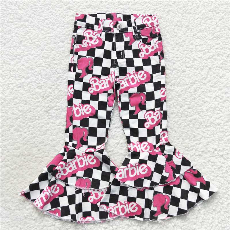 RTS NO MOQ Baby Girls Pants P0243 Black Checked Denim Bell Pants