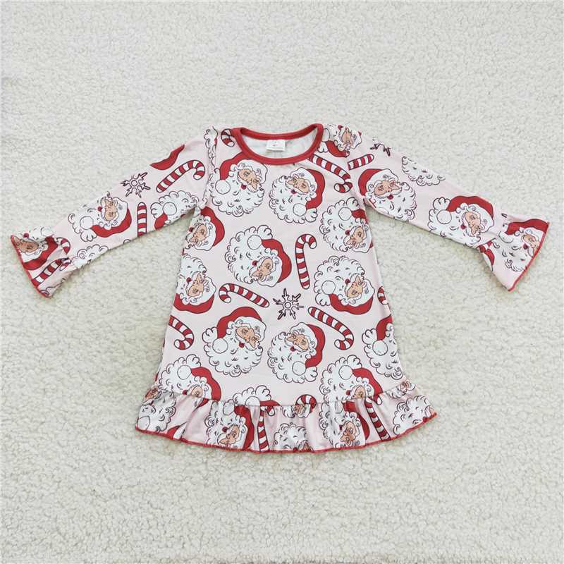 7.5 RTS NO MOQ Baby Girls Long Sleeve GLD0347 Christmas Santa Candy Knee Length Ruffle Dresses