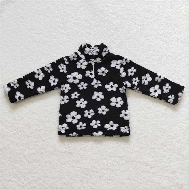 6.24 RTS NO MOQ Baby Girls Long Sleeve GT0270 Black White Flowers Thick Pullovers Tops