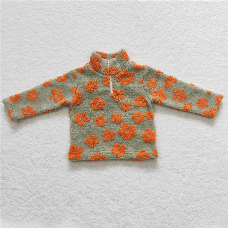 6.24 RTS NO MOQ Baby Girls Long Sleeve GT0264 Green Orange Flowers Thick Pullovers Tops