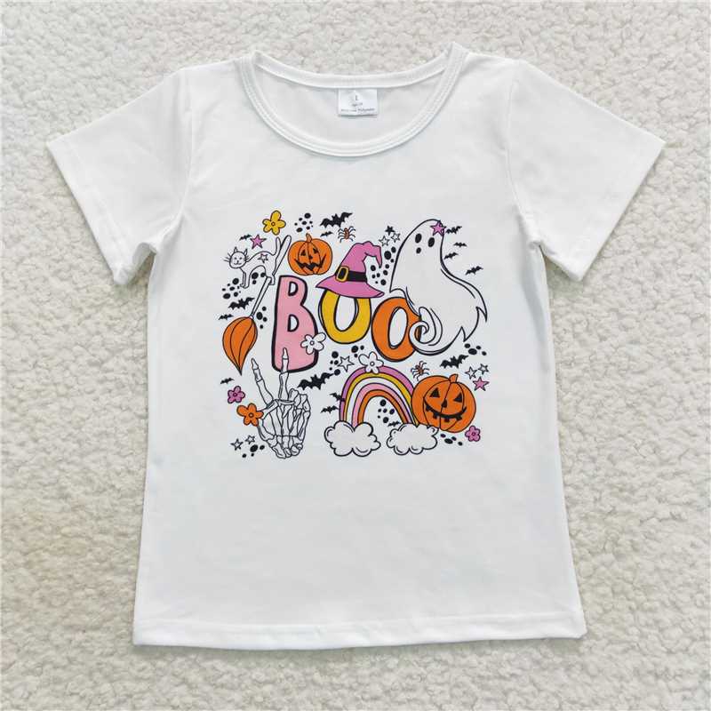 6.5 RTS NO MOQ Summer Baby Girls Short Sleeve GT0291 Halloween Boo Rainbow Short Sleeve Shirts Tops