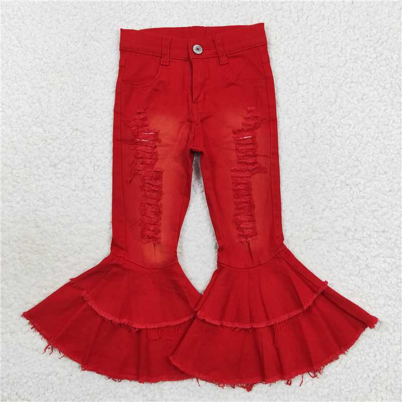 RTS NO MOQ Baby Girls Pants P0270 Red Distressed Denim Double Ruffle Bell Pants