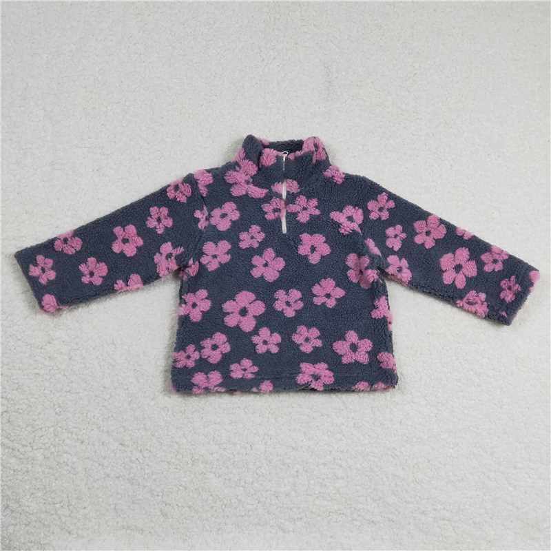 6.24 RTS NO MOQ Baby Girls Long Sleeve GT0269 Grey Pink Flowers Thick Pullovers Tops