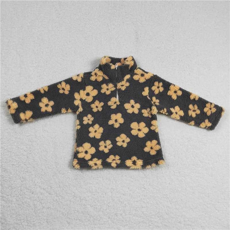 6.24 RTS NO MOQ Baby Girls Long Sleeve GT0268 Grey Mustard Flowers Thick Pullovers Tops