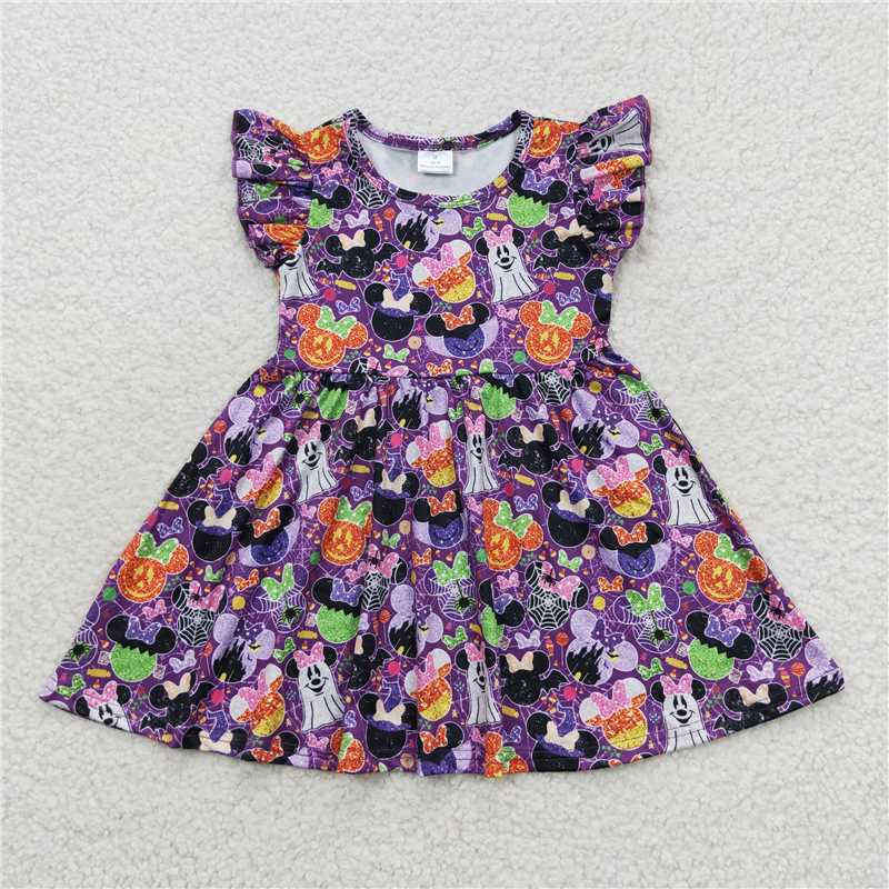 8.2 RTS NO MOQ Summer Baby Girls Dresses GSD0480 Halloween Purple Cartoon Ghost Flutter Sleeve Dresses