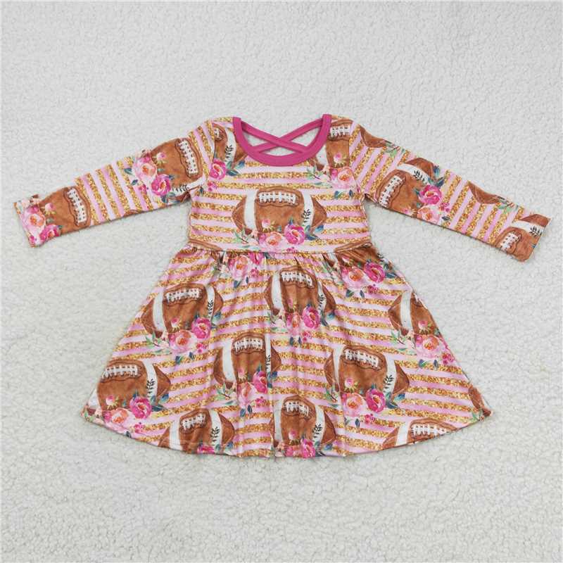7.5 RTS NO MOQ Baby Girls Long Sleeve GLD0326 Pink Football Flowers Long Sleeve Dresses