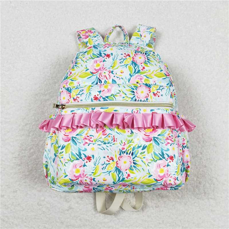 RTS NO MOQ Baby Kids Backpacks BA0176 Green Pink Flowers Ruffle Backpack Back Bags