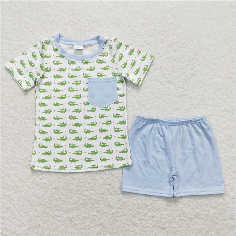 RTS NO MOQ Baby Boys kids Summer Sets BSSO0556 Crocodile white short-sleeved blue shorts suit