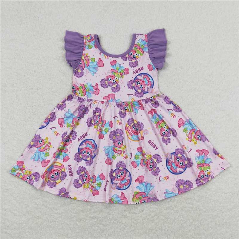 7.31 RTS NO MOQ Summer Baby Girls Dresses GSD0809 Purple Big Eye Flutter Sleeve Twirl Dresses