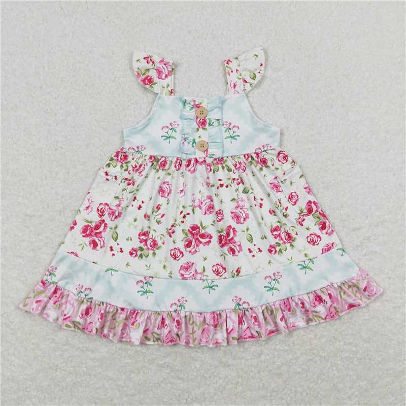 7.31 RTS NO MOQ Summer Baby Girls Dresses GSD0498 Straps Pink Flowers Ruffle Knee Length Dresses