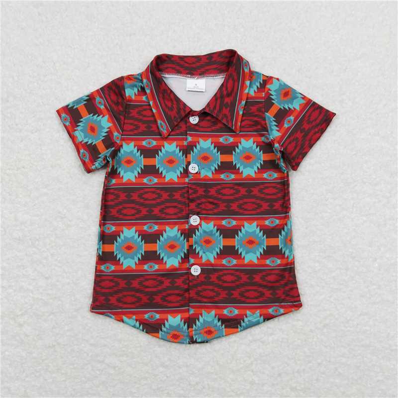 5.21 RTS NO MOQ Summer Baby Boys Shirt BT0582 Western Wine Turquoise Aztec Short Sleeve Buttons Tee Shirts Tops