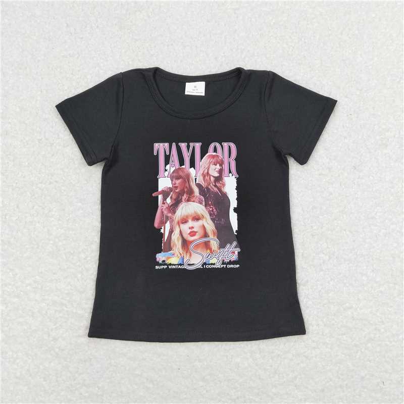 RTS NO MOQ Summer Baby Girls Short Sleeve GT0572 Black Music Singer Shirts Tops