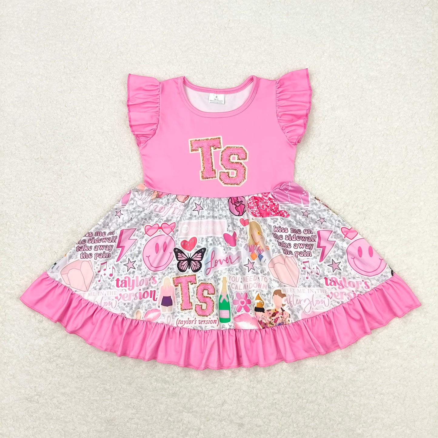 7.30 RTS NO MOQ Summer Baby Girls Dresses GSD0932 Pink TS Singer Flutter Sleeve Knee Length Dresses