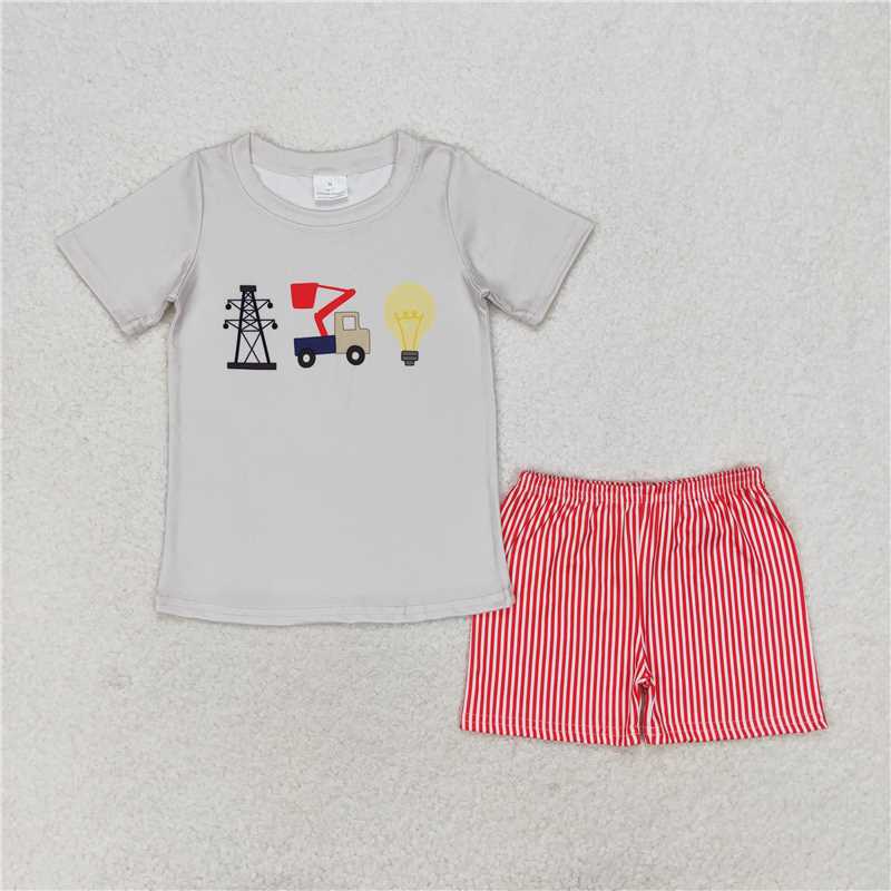RTS NO MOQ Baby Boys kids Summer Sets BSSO0632 Grid Light Bulb Short Sleeve Red Striped Shorts Suit