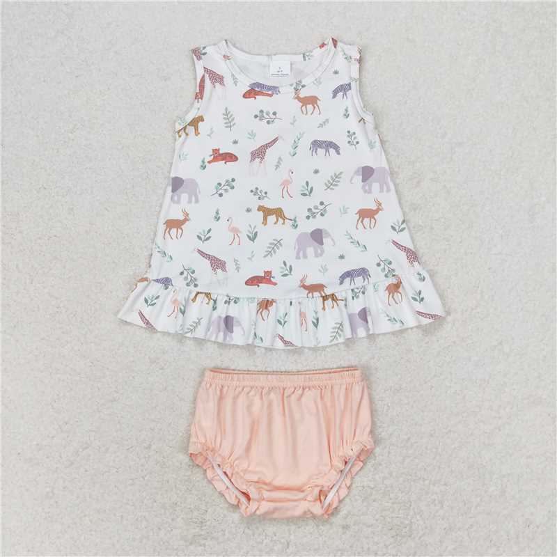 RTS NO MOQ Baby Girls Summer Outifts GBO0372 Animal Ruffle Tunic Top Bummies Clothes Sets