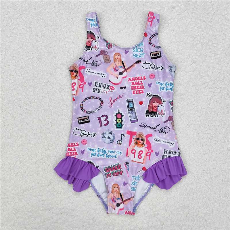 RTS NO MOQ Baby Girls Summer Bodysuit S0388 Purple Sleeveless Ruffle One Piece Swimsuits
