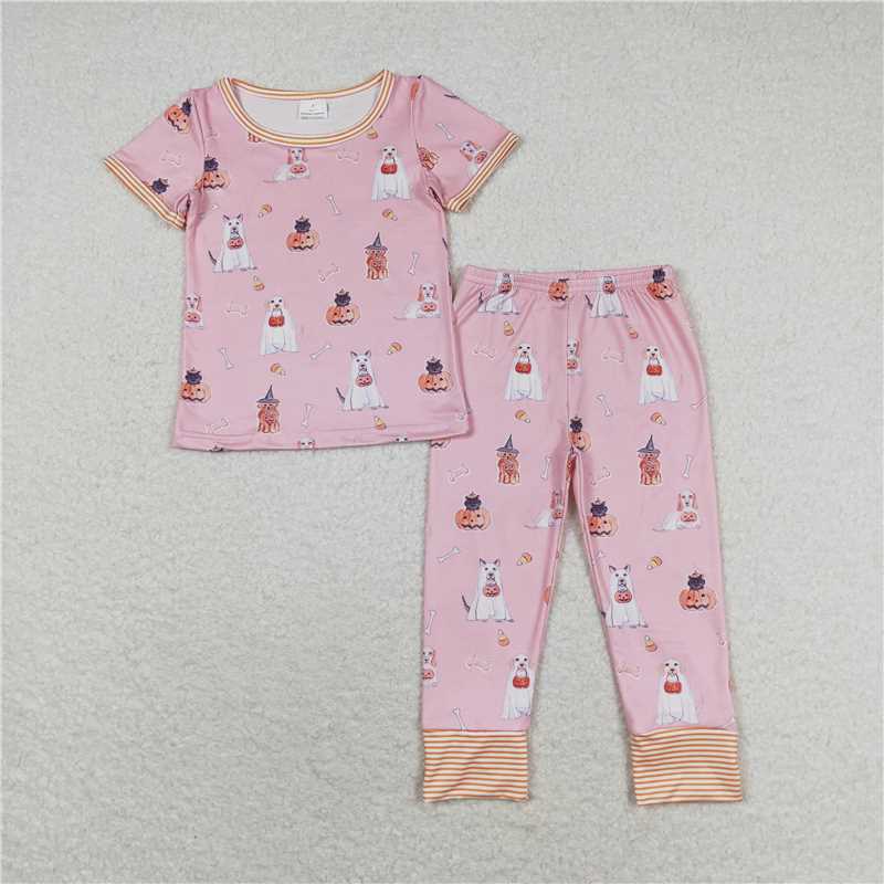 RTS NO MOQ Baby Girls Summer Kids Sets GSPO1538 Pink Halloween Dog Pumpkin Shirt Pants Pajamas Clothes Sets