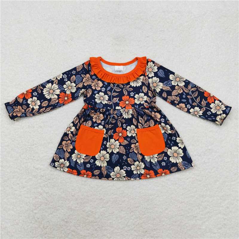 RTS NO MOQ Baby Girls Long Sleeve GT0691 Orange Pockets Floral Tunic Tops