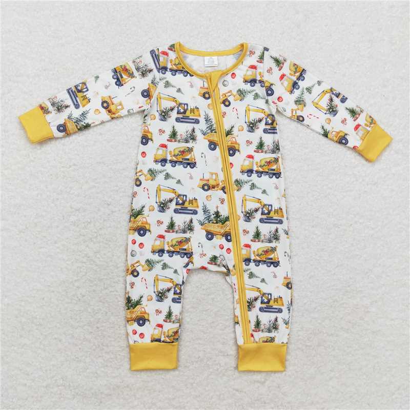 6.4 RTS NO MOQ Baby Boys Bodysuit LR1332 Digger Christmas Tree Long Sleeve Bamboo Rompers