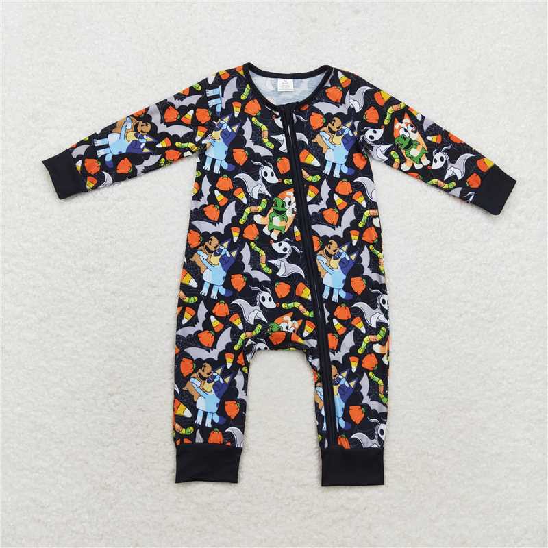 6.4 RTS NO MOQ Baby Boys Bodysuit LR1077 Halloween Long Sleeve Black Dogs Zip Rompers