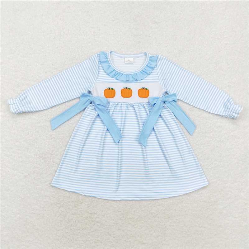 5.15 RTS NO MOQ Baby Girls Long Sleeve GLD0614 Blue Stripes Pumpkin Bows Knee Length Dresses