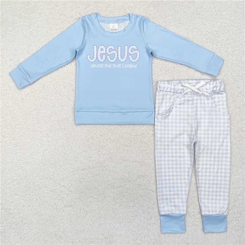RTS NO MOQ Baby Boys Sets BLP0767 Blue Jesus Long Sleeve Top Checkered Pants Clothes Sets