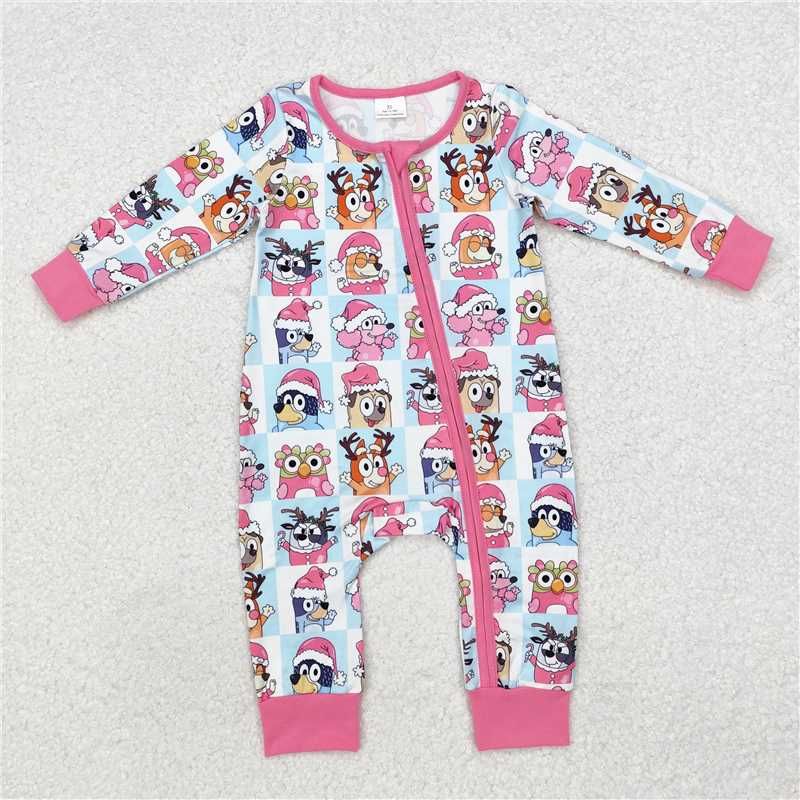 RTS NO MOQ Baby Girls Bodysuit LR1783 Christmas Pink Deer Dogs Zip Rompers