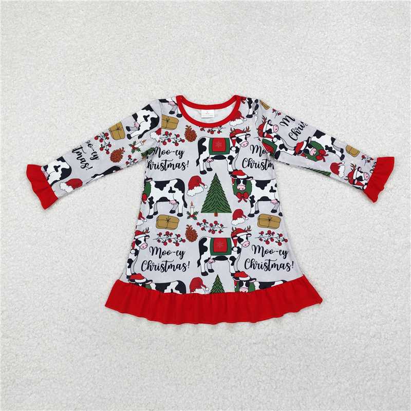 RTS NO MOQ Baby Girls Long Sleeve GLD0539 Christmas Cows Knee Length Gowns Dresses