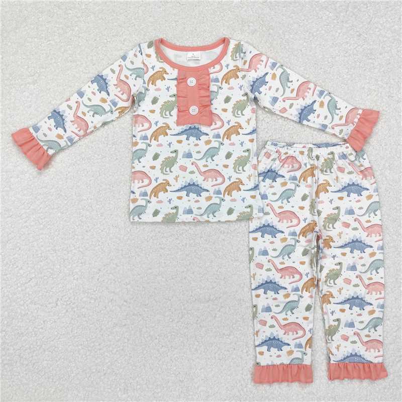 RTS NO MOQ Baby Girls Long Sleeve Outfits GLP1969 Pink Dinosaurs Ruffle Top Pants Pajamas Outfits Clothes Sets