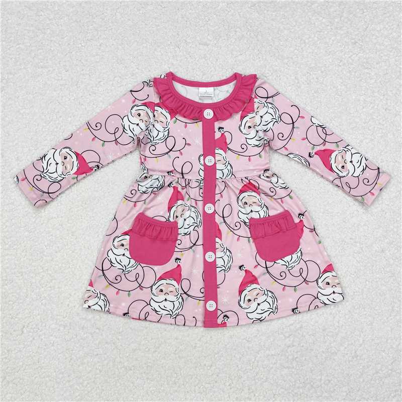RTS NO MOQ Baby Girls Long Sleeve GLD0563 Pink Santas Lights Pockets Knee Length Dresses