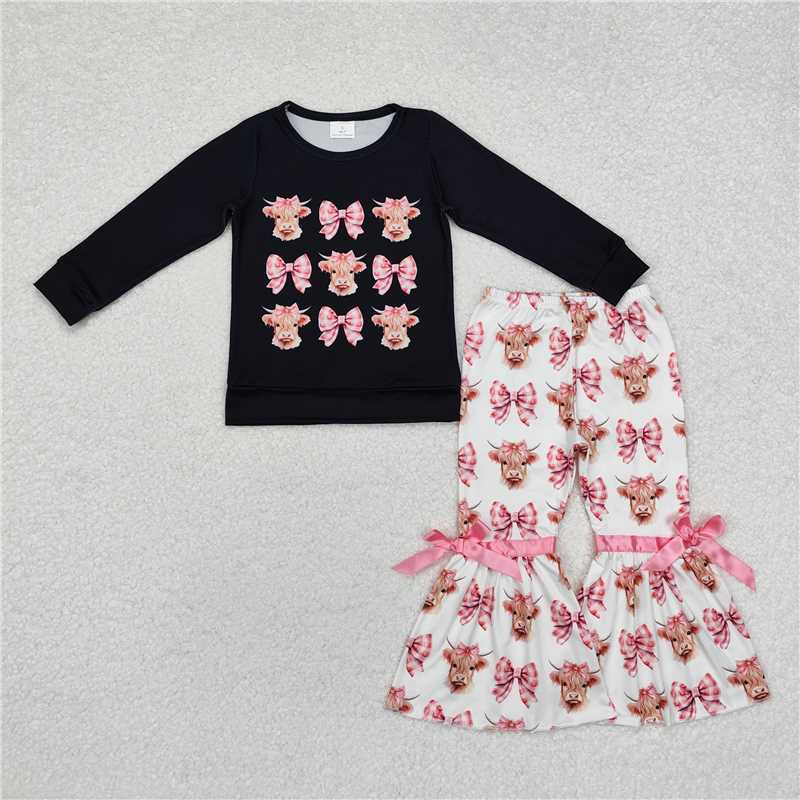 RTS NO MOQ Baby Girls Long Sleeve Outfits GLP1893 Highland Cow Shirt Bell Bow Bottom Pants Clothes Sets