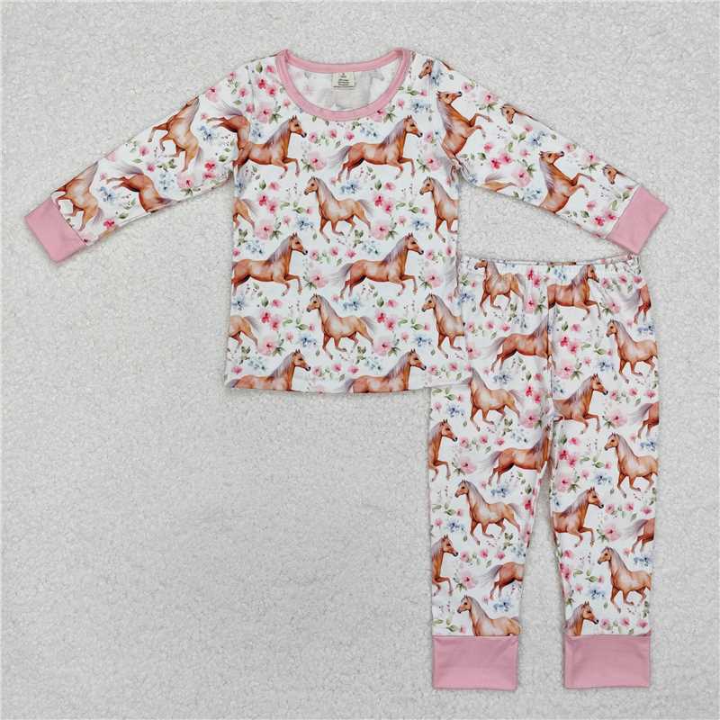 RTS NO MOQ Baby Girls Long Sleeve Outfits GLP1831 Western Horse Shirt Pants Pajamas Clothes Sets