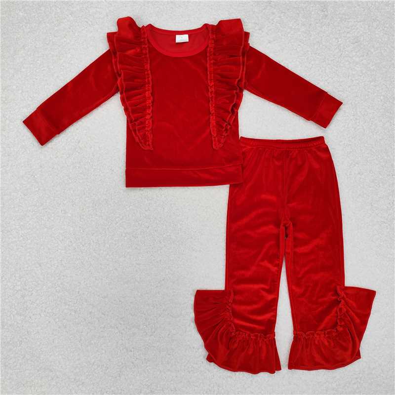 RTS NO MOQ Baby Girls Long Sleeve Outfits GLP2164 Red Ruffles Tee Shirts Top Velvet Bell Pants Clothes Sets
