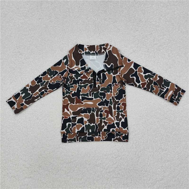 RTS NO MOQ Baby Boys Long Sleeve BT1038 Dark Brown Camo Zip Pocket Pullovers Tops