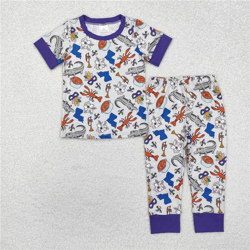 RTS NO MOQ Baby Girls Summer Kids Sets GSPO1758 Mardi Gras Crocodile Purple Shirts Pants Pajamas Clothes Sets